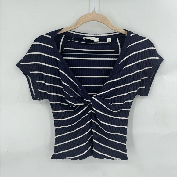 A.L.C Striped Preppy Cropped Twist Front Women Small Short Sleeve Ribbed Top - Picture 2 of 8